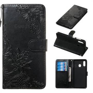Intricate Embossing Lotus Mandala Flower Leather Wallet Case for Samsung Galaxy A20 - Black