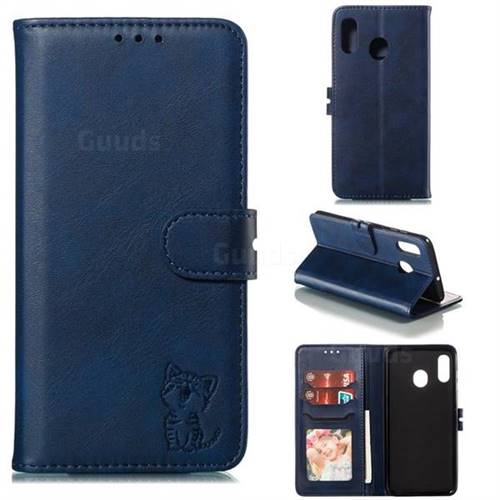 Embossing Happy Cat Leather Wallet Case for Samsung Galaxy A20 - Blue