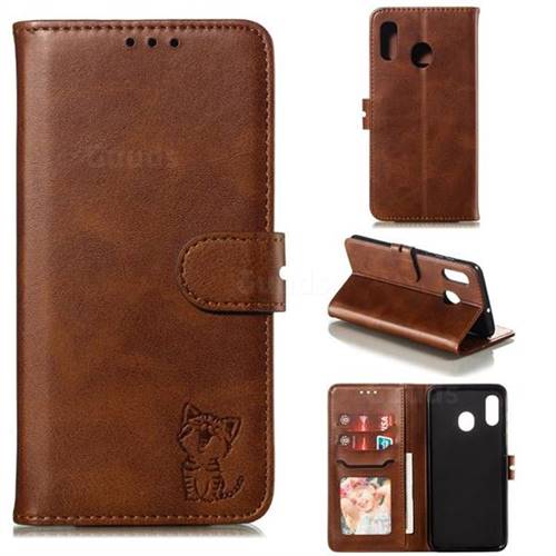 Embossing Happy Cat Leather Wallet Case for Samsung Galaxy A20 - Brown