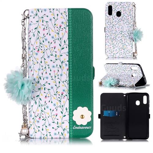 Magnolia Endeavour Florid Pearl Flower Pendant Metal Strap PU Leather Wallet Case for Samsung Galaxy A20