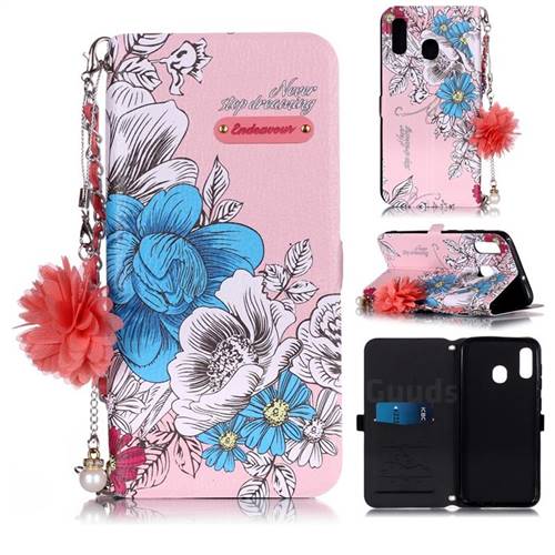 Pink Blue Rose Endeavour Florid Pearl Flower Pendant Metal Strap PU Leather Wallet Case for Samsung Galaxy A20