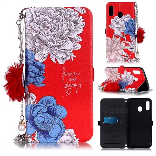 Red Chrysanthemum Endeavour Florid Pearl Flower Pendant Metal Strap PU Leather Wallet Case for Samsung Galaxy A20