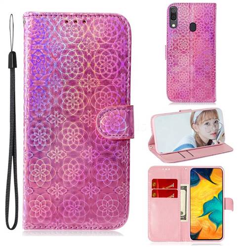 Laser Circle Shining Leather Wallet Phone Case for Samsung Galaxy A20 - Pink