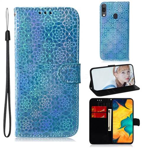 Laser Circle Shining Leather Wallet Phone Case for Samsung Galaxy A20 - Blue