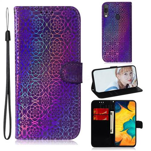 Laser Circle Shining Leather Wallet Phone Case for Samsung Galaxy A20 - Purple
