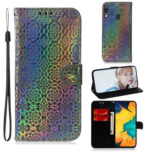 Laser Circle Shining Leather Wallet Phone Case for Samsung Galaxy A20 - Silver