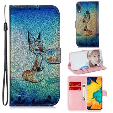 Cute Fox Laser Shining Leather Wallet Phone Case for Samsung Galaxy A20