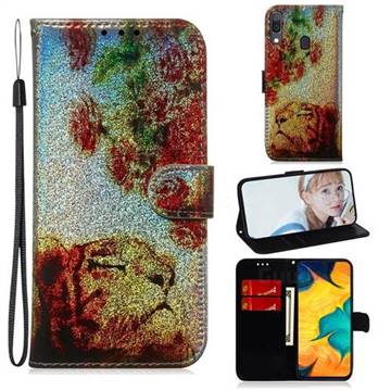Tiger Rose Laser Shining Leather Wallet Phone Case for Samsung Galaxy A20