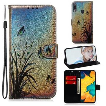 Butterfly Orchid Laser Shining Leather Wallet Phone Case for Samsung Galaxy A20