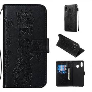 Embossing Tiger and Cat Leather Wallet Case for Samsung Galaxy A20 - Black