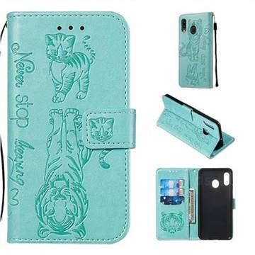 Embossing Tiger and Cat Leather Wallet Case for Samsung Galaxy A20 - Green