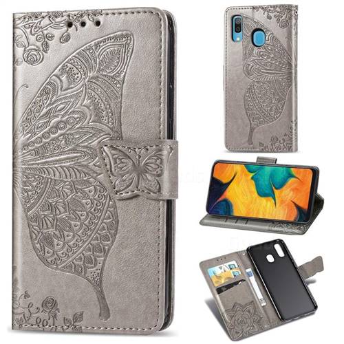 Embossing Mandala Flower Butterfly Leather Wallet Case for Samsung Galaxy A20 - Gray