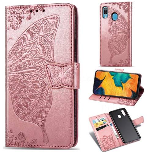 Embossing Mandala Flower Butterfly Leather Wallet Case for Samsung Galaxy A20 - Rose Gold