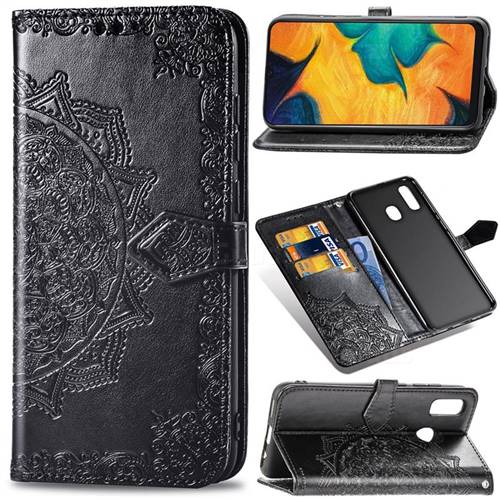 Embossing Imprint Mandala Flower Leather Wallet Case for Samsung Galaxy A20 - Black