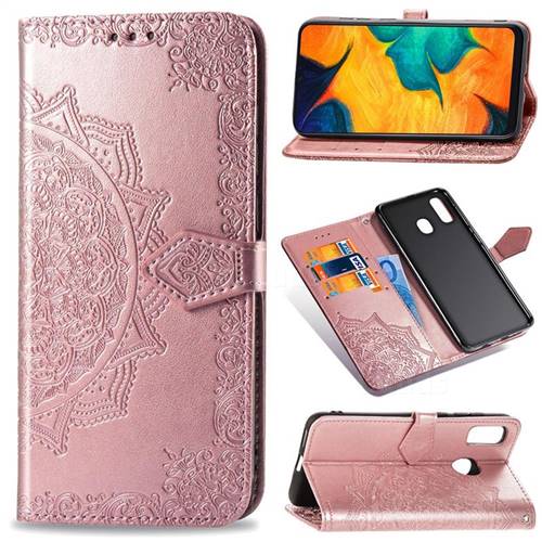 Embossing Imprint Mandala Flower Leather Wallet Case for Samsung Galaxy A20 - Rose Gold