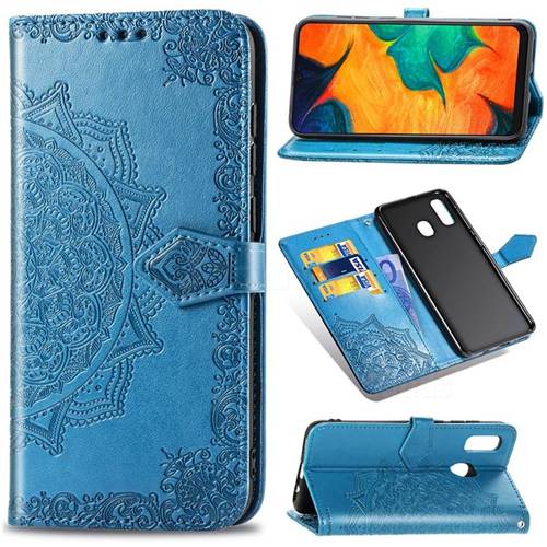 Embossing Imprint Mandala Flower Leather Wallet Case for Samsung Galaxy A20 - Blue