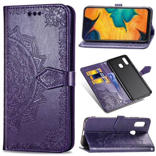 Embossing Imprint Mandala Flower Leather Wallet Case for Samsung Galaxy A20 - Purple