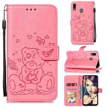 Embossing Butterfly Heart Bear Leather Wallet Case for Samsung Galaxy A20 - Pink