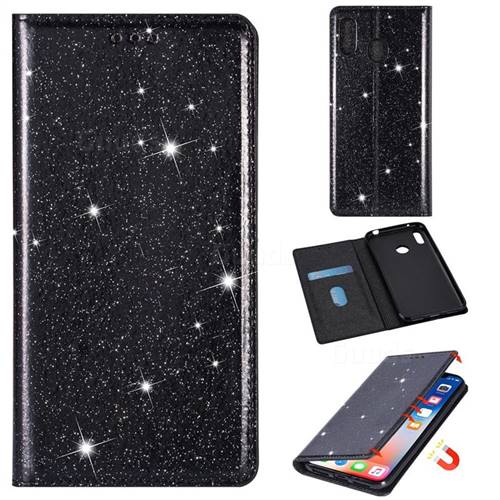 Ultra Slim Glitter Powder Magnetic Automatic Suction Leather Wallet Case for Samsung Galaxy A20 - Black