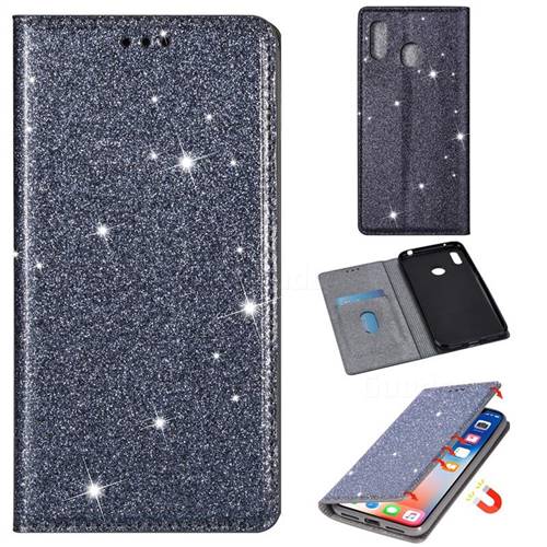 Ultra Slim Glitter Powder Magnetic Automatic Suction Leather Wallet Case for Samsung Galaxy A20 - Gray