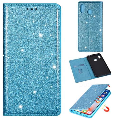 Ultra Slim Glitter Powder Magnetic Automatic Suction Leather Wallet Case for Samsung Galaxy A20 - Blue