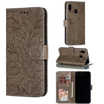 Intricate Embossing Lace Jasmine Flower Leather Wallet Case for Samsung Galaxy A20 - Gray