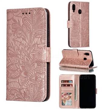 Intricate Embossing Lace Jasmine Flower Leather Wallet Case for Samsung Galaxy A20 - Rose Gold