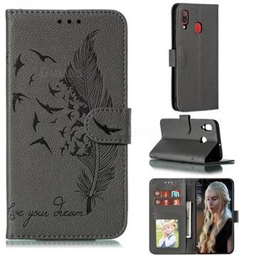Intricate Embossing Lychee Feather Bird Leather Wallet Case for Samsung Galaxy A20 - Gray