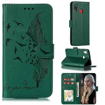Intricate Embossing Lychee Feather Bird Leather Wallet Case for Samsung Galaxy A20 - Green