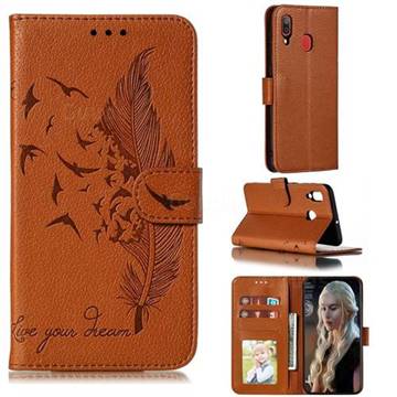 Intricate Embossing Lychee Feather Bird Leather Wallet Case for Samsung Galaxy A20 - Brown