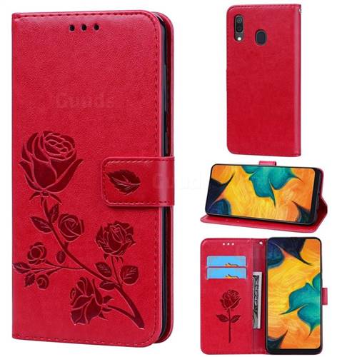 Embossing Rose Flower Leather Wallet Case for Samsung Galaxy A20 - Red