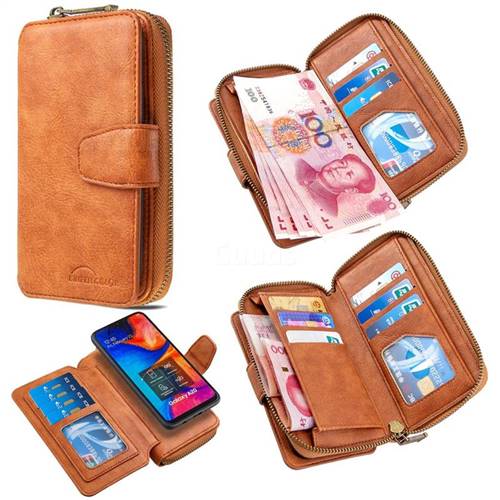 Binfen Color Retro Buckle Zipper Multifunction Leather Phone Wallet for Samsung Galaxy A20 - Brown