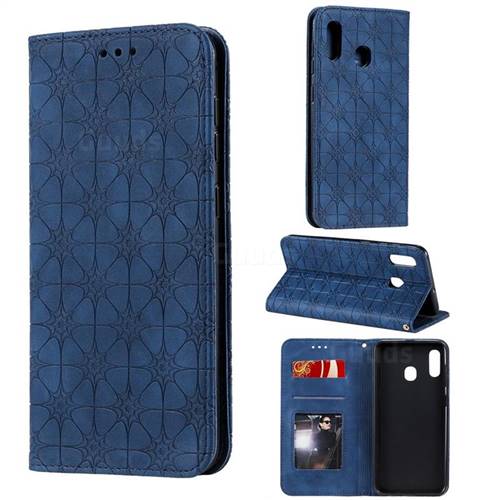 Intricate Embossing Four Leaf Clover Leather Wallet Case for Samsung Galaxy A20 - Dark Blue