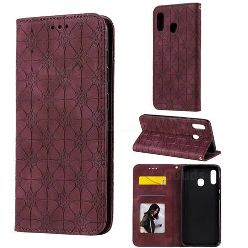 Intricate Embossing Four Leaf Clover Leather Wallet Case for Samsung Galaxy A20 - Claret