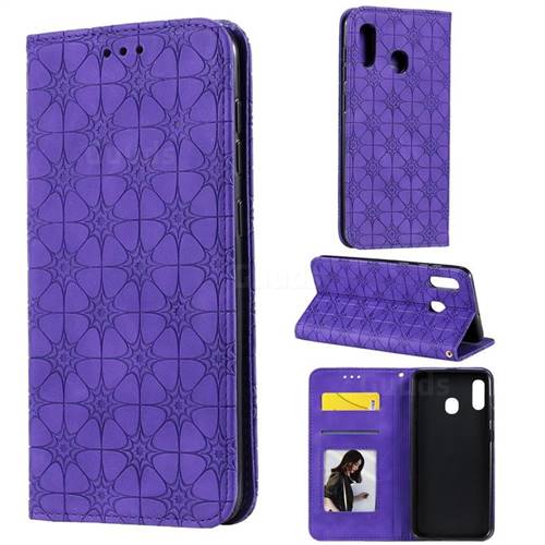 Intricate Embossing Four Leaf Clover Leather Wallet Case for Samsung Galaxy A20 - Purple