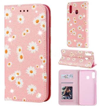 Ultra Slim Daisy Sparkle Glitter Powder Magnetic Leather Wallet Case for Samsung Galaxy A20 - Pink