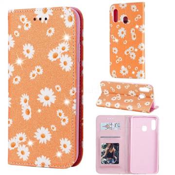 Ultra Slim Daisy Sparkle Glitter Powder Magnetic Leather Wallet Case for Samsung Galaxy A20 - Orange