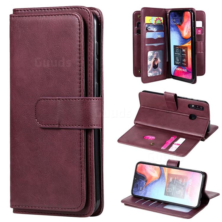 Multi-function Ten Card Slots and Photo Frame PU Leather Wallet Phone Case Cover for Samsung Galaxy A20 - Claret