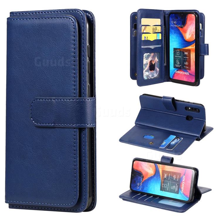 Multi-function Ten Card Slots and Photo Frame PU Leather Wallet Phone Case Cover for Samsung Galaxy A20 - Dark Blue