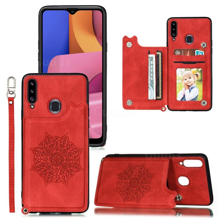 Luxury Mandala Multi-function Magnetic Card Slots Stand Leather Back Cover for Samsung Galaxy A20 - Red