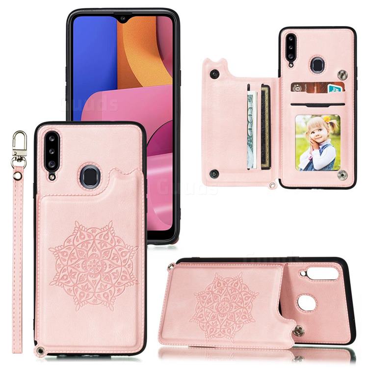 Luxury Mandala Multi-function Magnetic Card Slots Stand Leather Back Cover for Samsung Galaxy A20 - Rose Gold