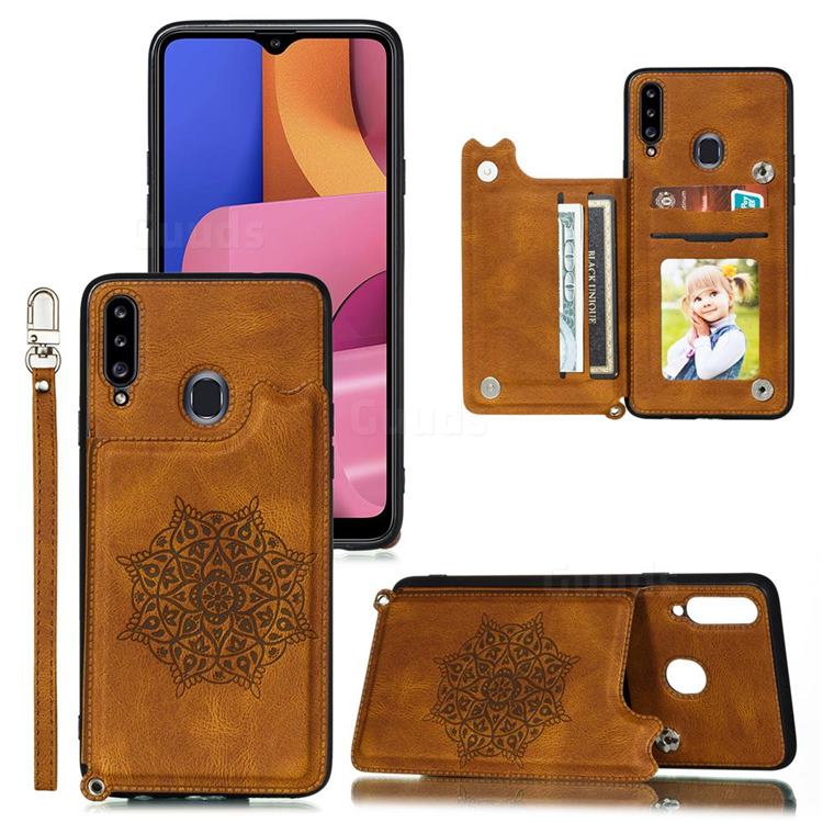Luxury Mandala Multi-function Magnetic Card Slots Stand Leather Back Cover for Samsung Galaxy A20 - Brown