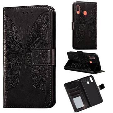 Intricate Embossing Vivid Butterfly Leather Wallet Case for Samsung Galaxy A20 - Black