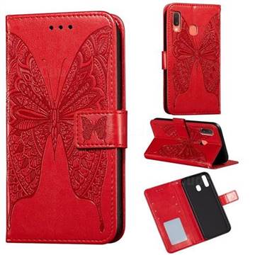 Intricate Embossing Vivid Butterfly Leather Wallet Case for Samsung Galaxy A20 - Red