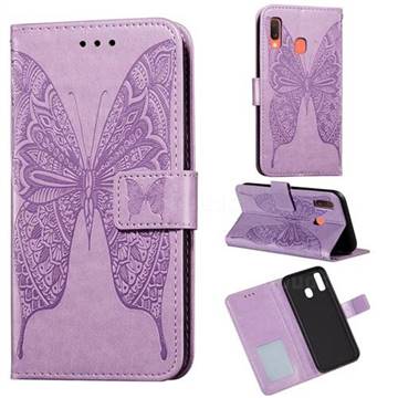 Intricate Embossing Vivid Butterfly Leather Wallet Case for Samsung Galaxy A20 - Purple