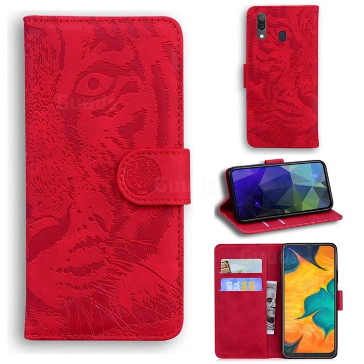 Intricate Embossing Tiger Face Leather Wallet Case for Samsung Galaxy A20 - Red