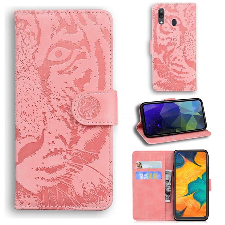 Intricate Embossing Tiger Face Leather Wallet Case for Samsung Galaxy A20 - Pink