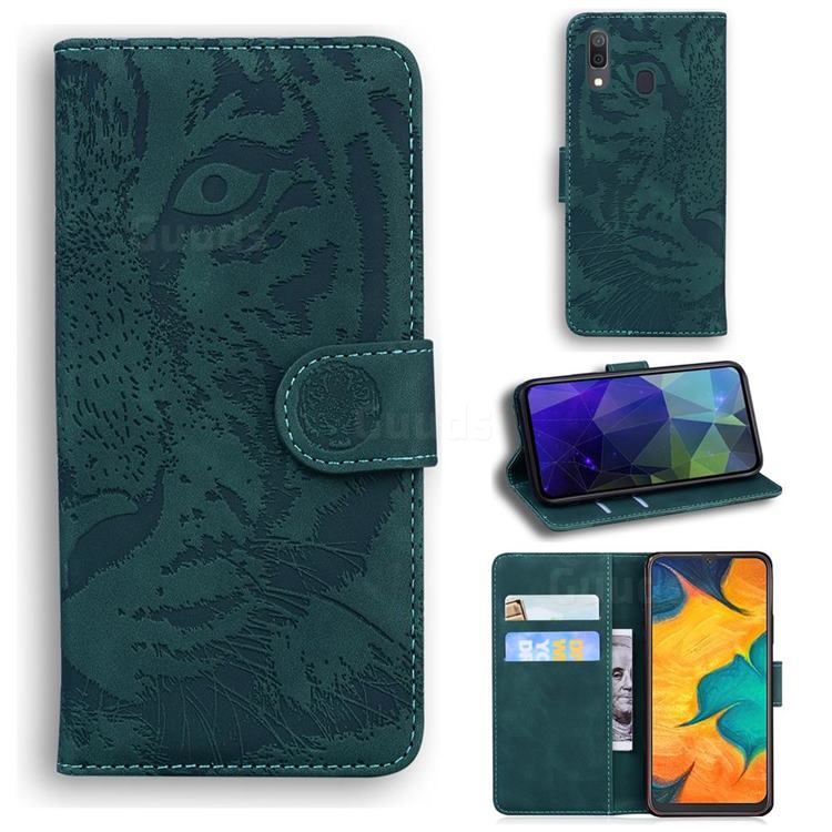 Intricate Embossing Tiger Face Leather Wallet Case for Samsung Galaxy A20 - Green