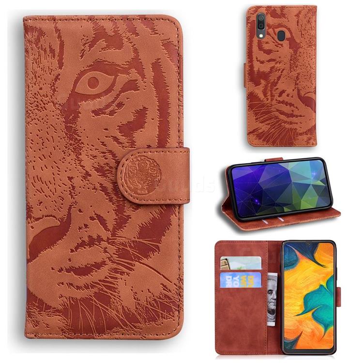 Intricate Embossing Tiger Face Leather Wallet Case for Samsung Galaxy A20 - Brown