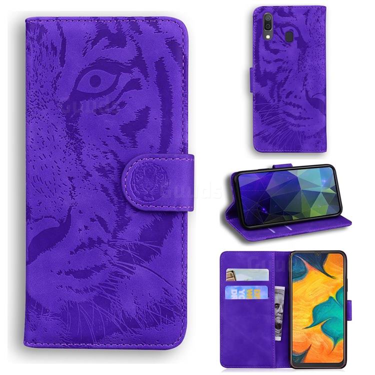 Intricate Embossing Tiger Face Leather Wallet Case for Samsung Galaxy A20 - Purple